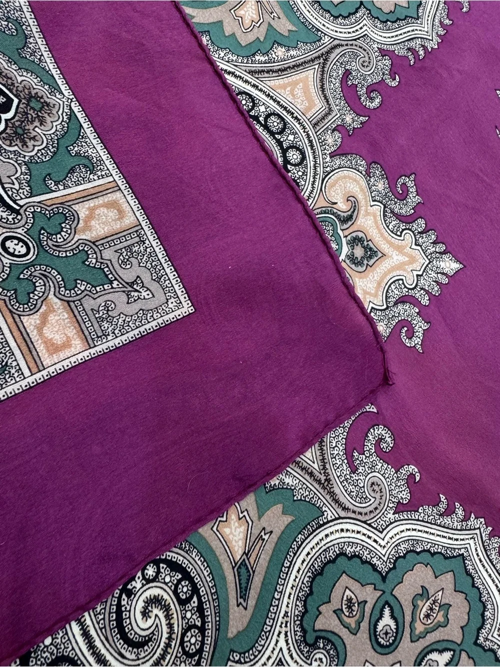 Echo Vintage Paisley Scarf maroon red with green and neutral tones 34x34 square